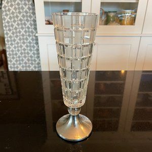 Vintage European Clear & Satin Check Glass Vase with Sterling Silver Foot